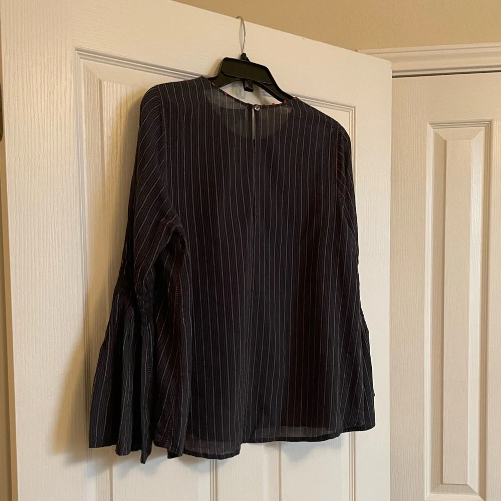 VELVET BY GRAHAM & SPENCER Navy and Red Striped Blouse with Bell Sleeves